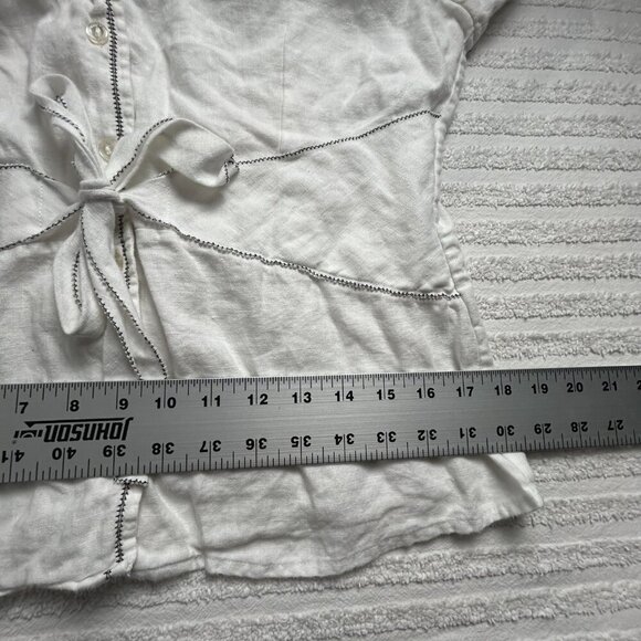 Samuel Dong 100% Linen Shirt Large Button Up Tie-Front White Black Embroidered - Picture 8 of 9